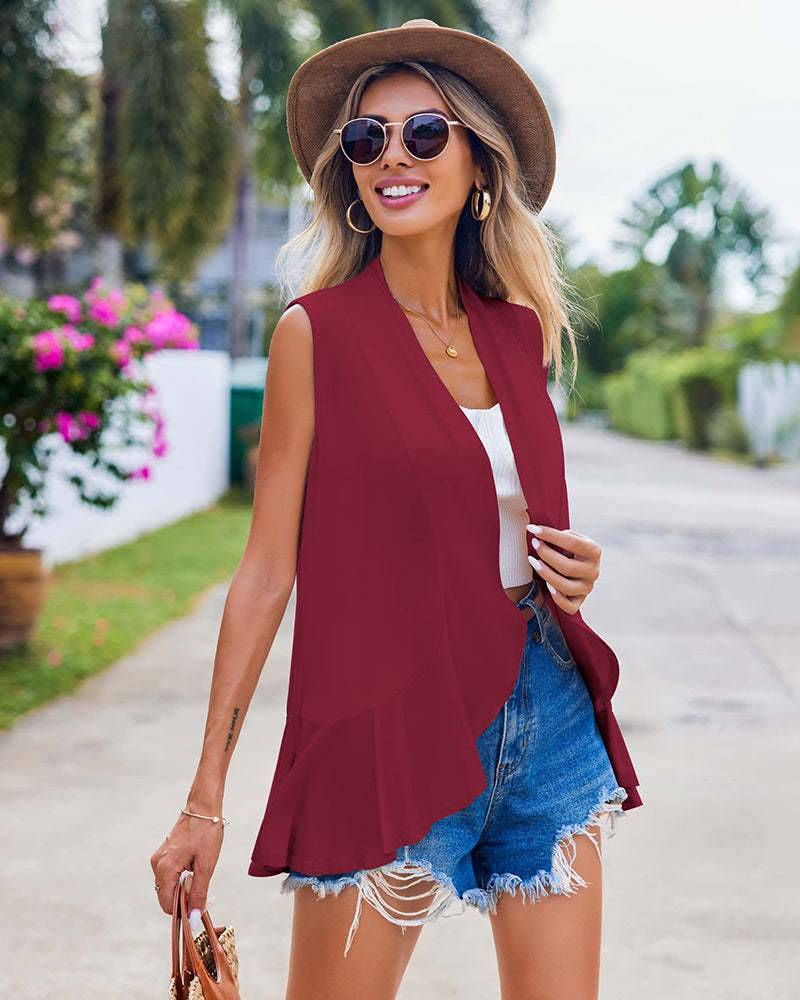 Women's Sleeveless Draped Open Front Cardigan Ruffles Hem Vest - Zeagoo (Us Only)-tidenox