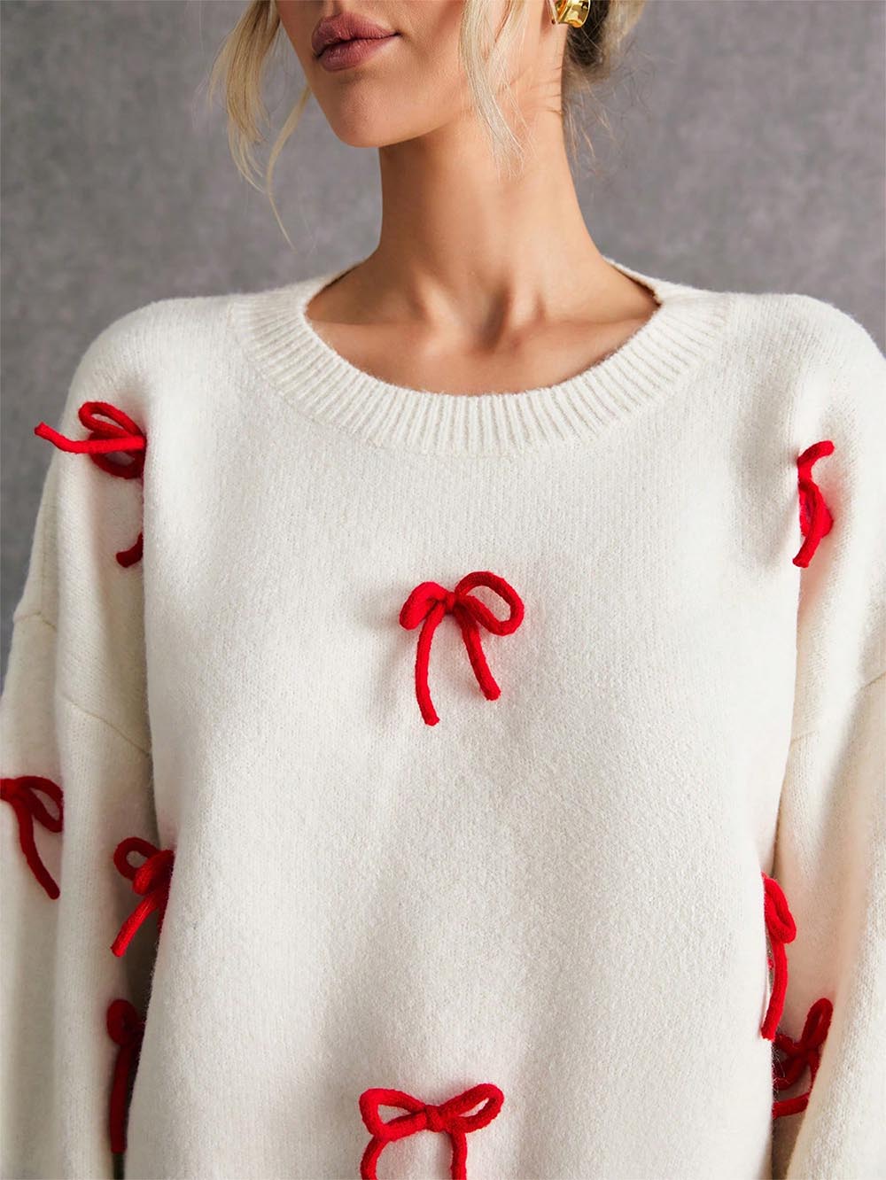 Women Cute Red Bow Decor Christmas Sweater | NCS-tidenox