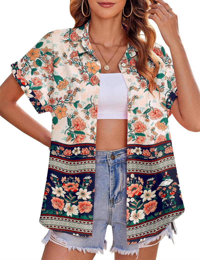 Zeagoo Casual Short Sleeve Floral Print Blouse-tidenox