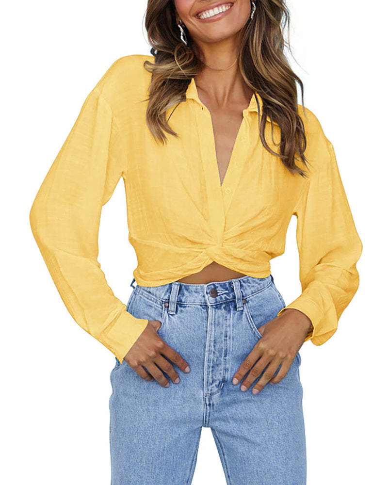 Zeagoo Women's V Neck Twist Hem Blouse Long Sleeve Crop Top Casual Button Shirts-tidenox