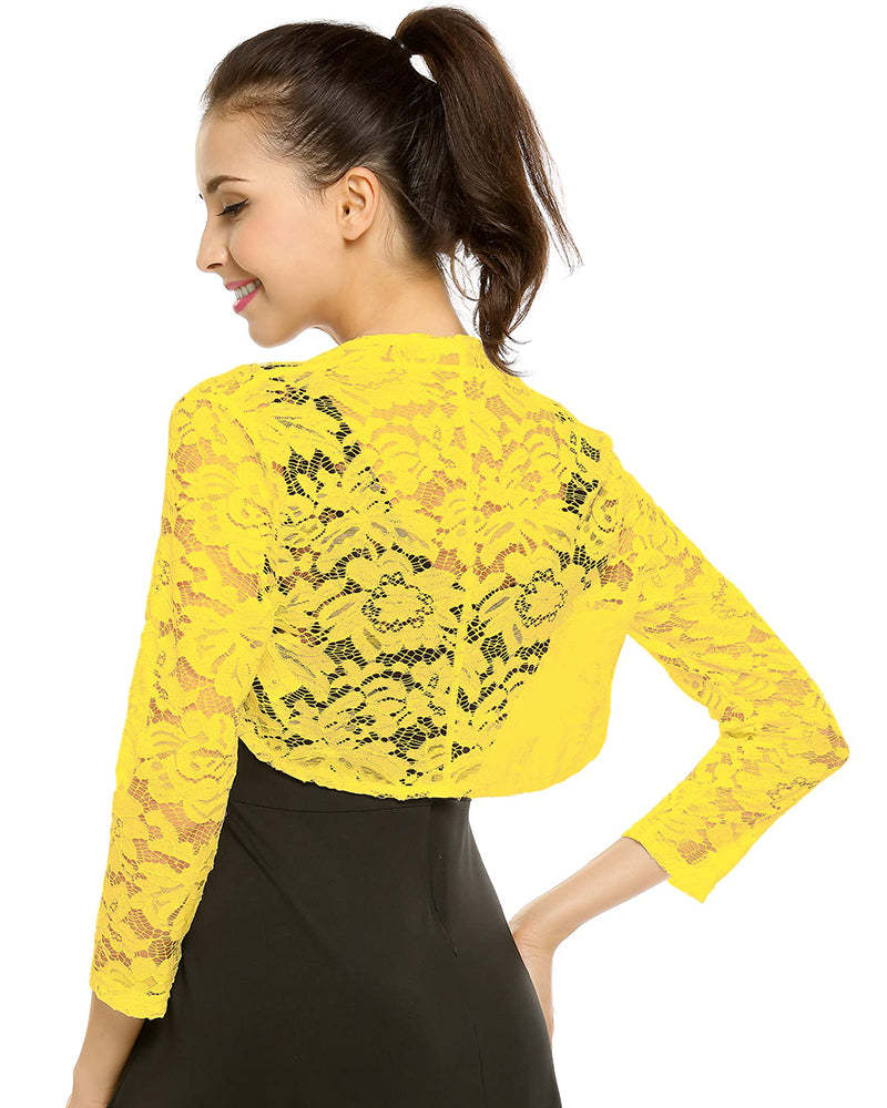 Women's 3 4 Sleeve Bolero Shrugs Crochet Lace Open Cardigan - Zeagoo (Us Only)-tidenox