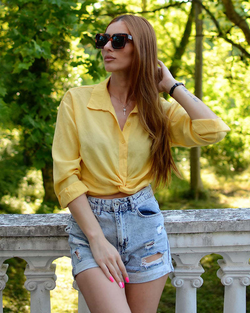 Zeagoo Women's V Neck Twist Hem Blouse Long Sleeve Crop Top Casual Button Shirts-tidenox