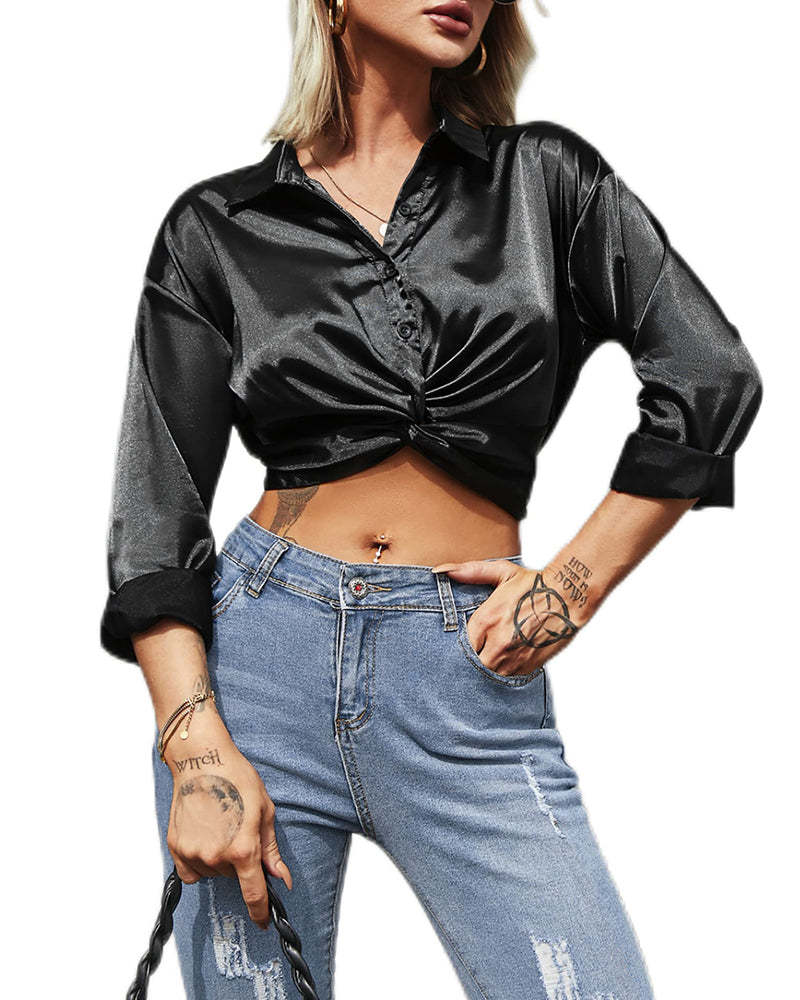 Zeagoo Women's V Neck Twist Hem Blouse Long Sleeve Crop Top Casual Button Shirts-tidenox