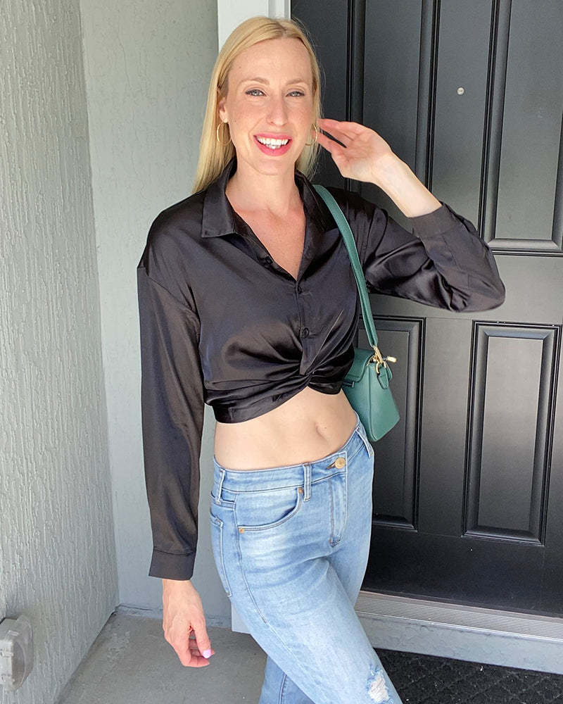 Zeagoo Women's V Neck Twist Hem Blouse Long Sleeve Crop Top Casual Button Shirts-tidenox