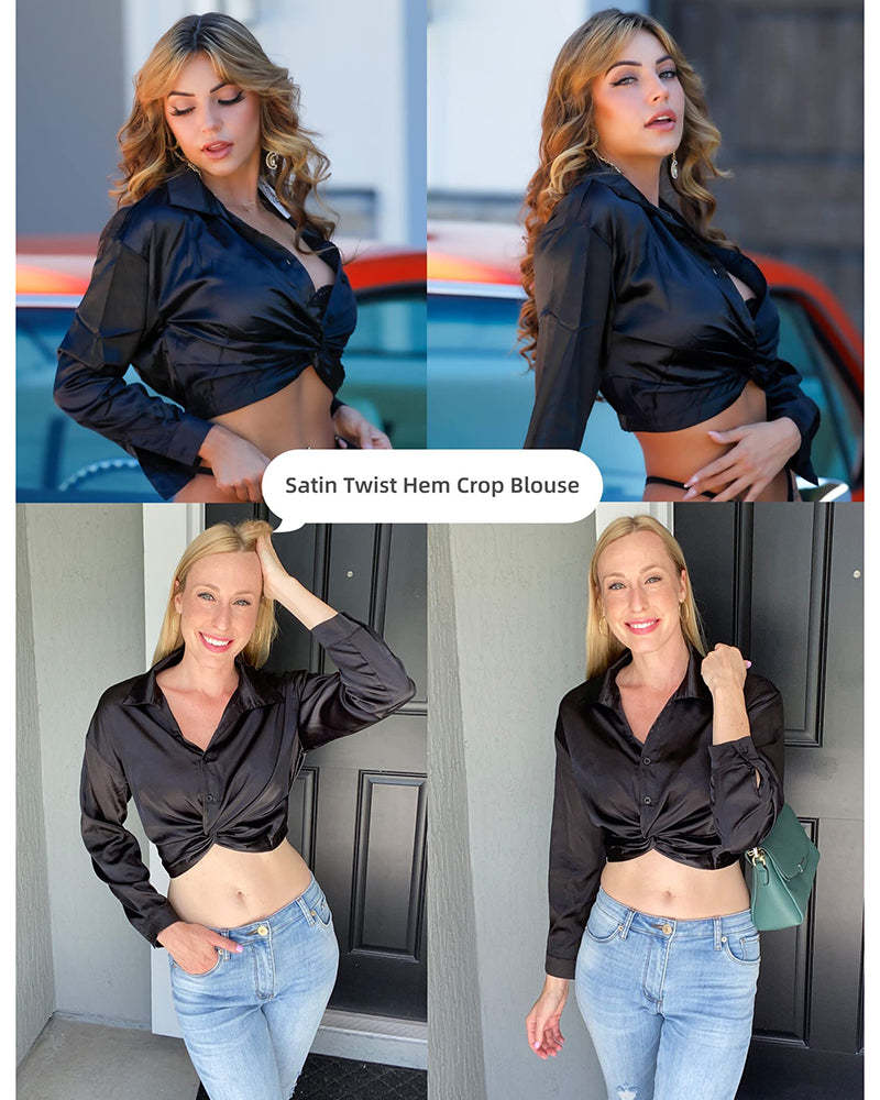 Zeagoo Women's V Neck Twist Hem Blouse Long Sleeve Crop Top Casual Button Shirts-tidenox