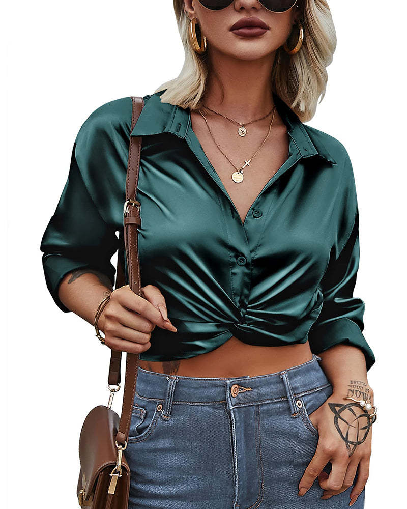 Zeagoo Women's V Neck Twist Hem Blouse Long Sleeve Crop Top Casual Button Shirts-tidenox