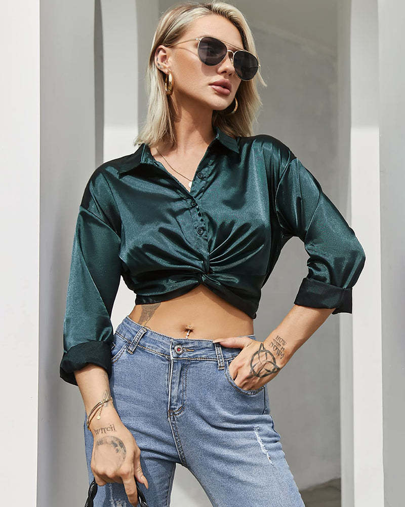 Zeagoo Women's V Neck Twist Hem Blouse Long Sleeve Crop Top Casual Button Shirts-tidenox