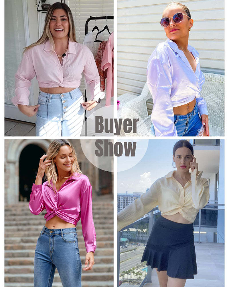 Zeagoo Women's V Neck Twist Hem Blouse Long Sleeve Crop Top Casual Button Shirts-tidenox