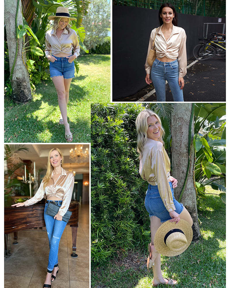 Zeagoo Women's V Neck Twist Hem Blouse Long Sleeve Crop Top Casual Button Shirts-tidenox