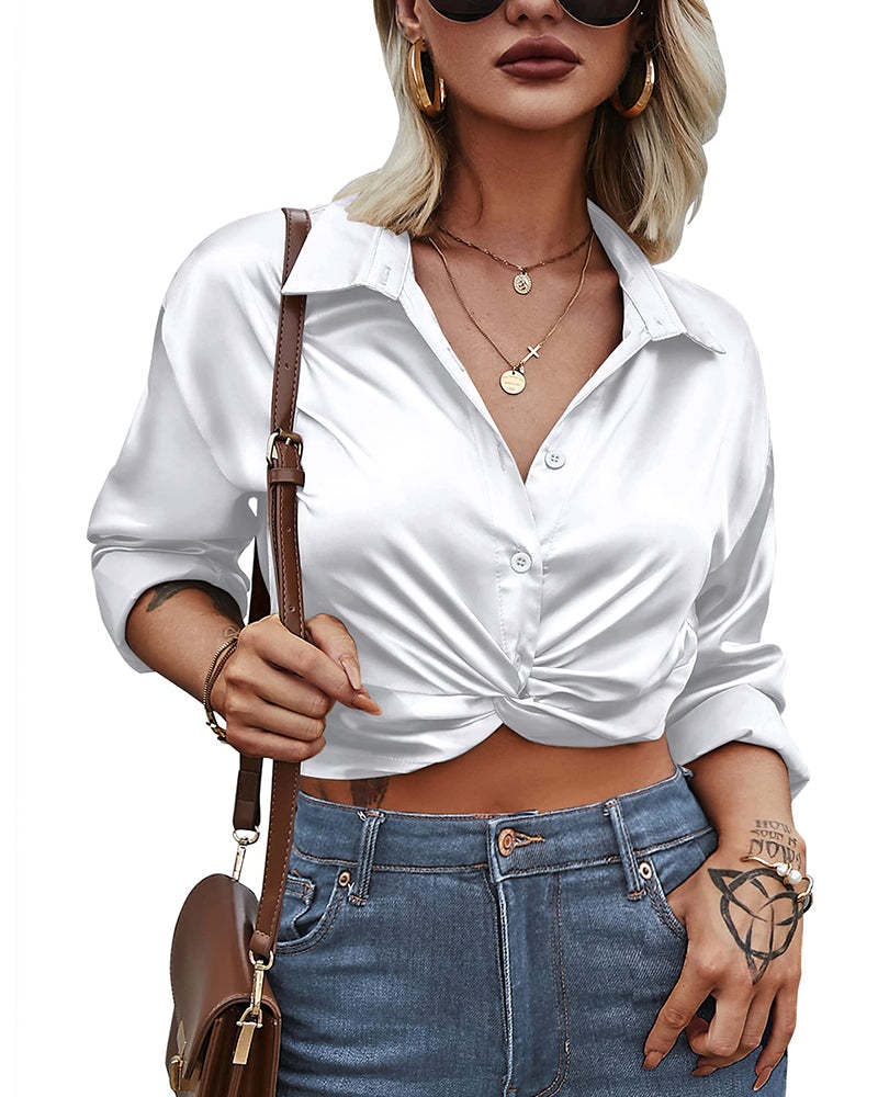 Zeagoo Women's V Neck Twist Hem Blouse Long Sleeve Crop Top Casual Button Shirts-tidenox