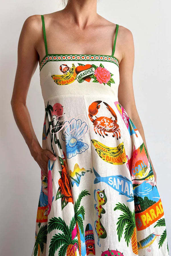 Holiday Paradise Linen Blend Unique Print Smocked Back Pocket Maxi Dress-tidenox