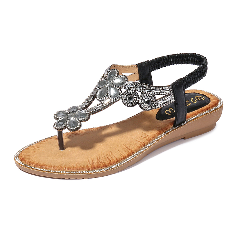 T-strap Flower Rhinestone Flats Sandals-tidenox