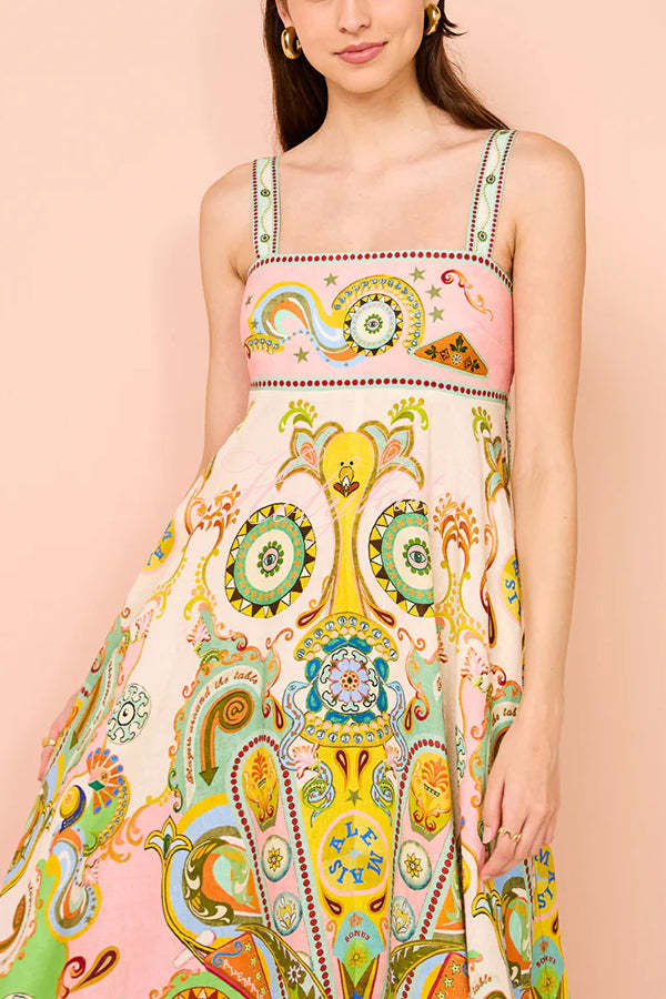 Summer Serenade Linen Blend Unique Print Tie-up Strap Smocked Pocketed Maxi Dress-tidenox