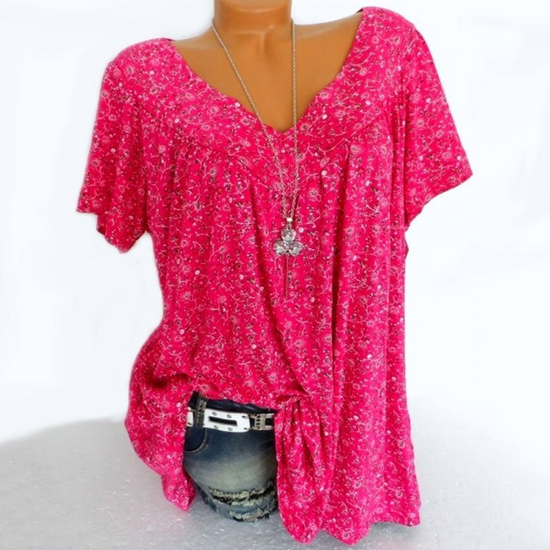Summer V-neck Loose Short sleeve Print Casual Women's T shirt-tidenox
