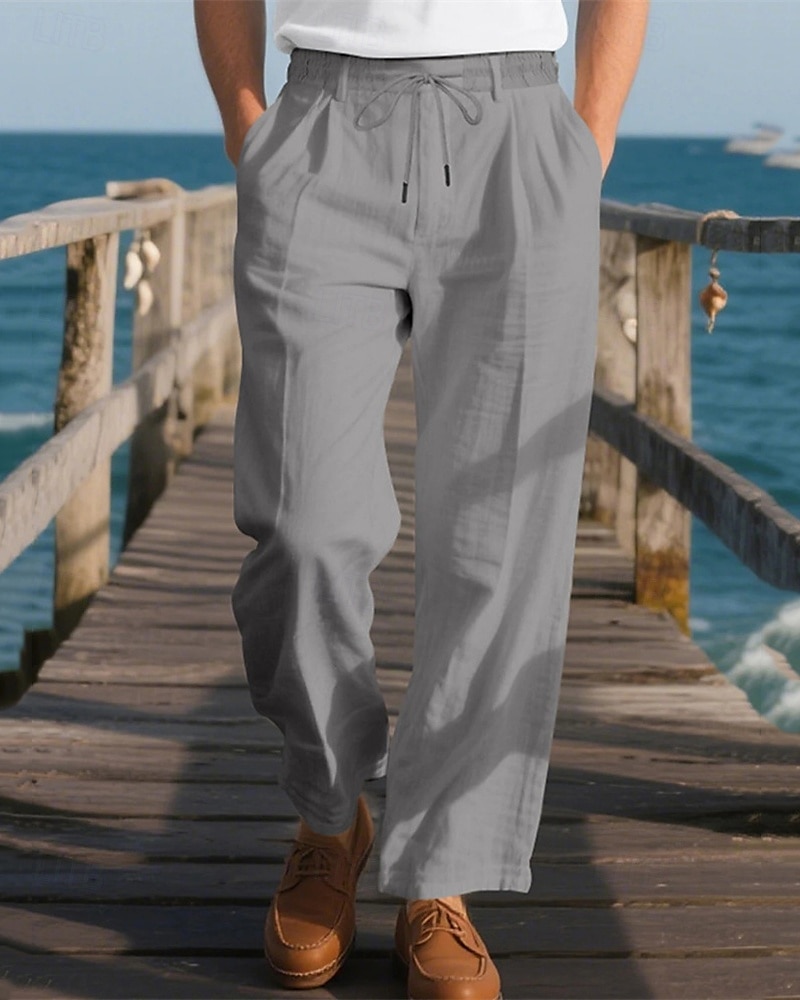 Men's Linen Pants Trousers Summer Pants Beach Pants Pocket Elastic Waist Drawstring Plain Comfort Breathable Vacation Daily Holiday Hawaiian Boho Black White 2025 - €21.99 –P7