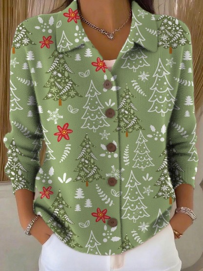 Women's Christmas Tree Pattern Art Print Buttoned Cardigan Sweater-tidenox