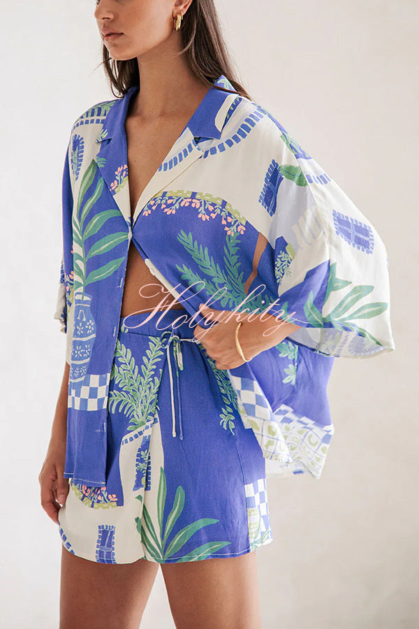 Balmy Summer Nights Unique Print Loose Shirt and Elastic Waist Wrap Lace-up Skirt Set-tidenox