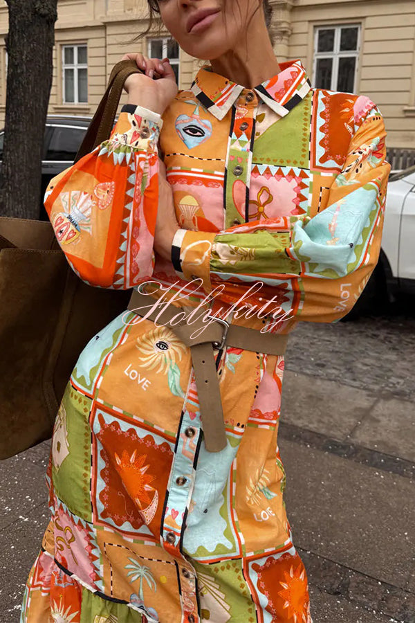 Linen Blend Unique Printed Long Sleeve Lapel Tie-waist Midi Dress-tidenox