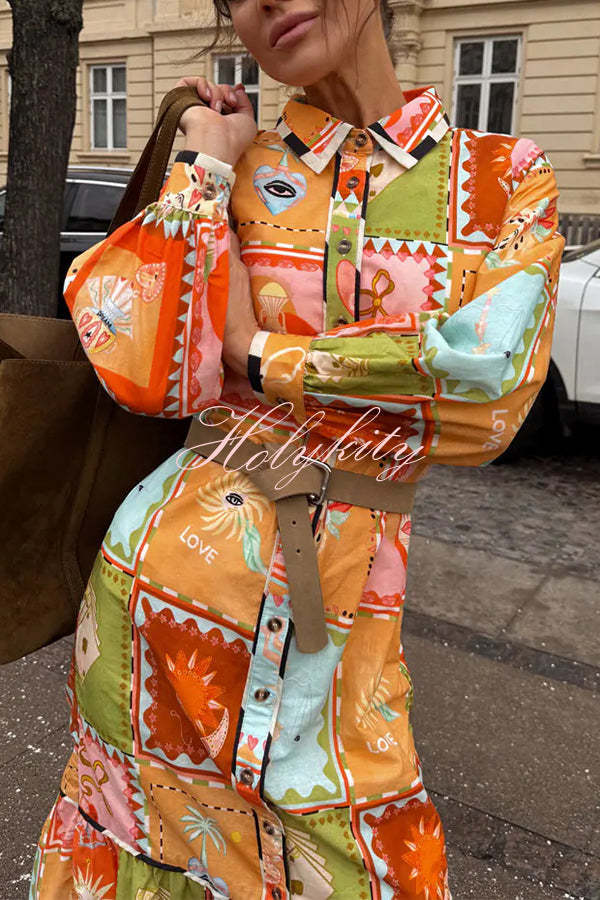 Linen Blend Unique Printed Long Sleeve Lapel Tie-waist Midi Dress-tidenox