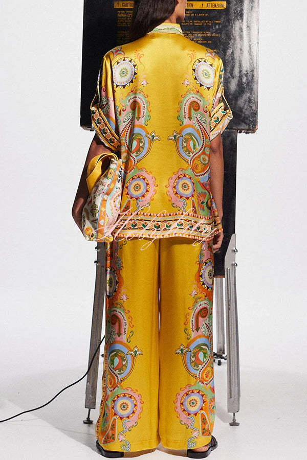 Lucia Satin Unique Print Short-sleeved Loose Shirt and Elastic Waist Pocket Pants Set-tidenox