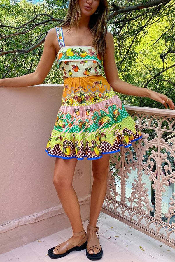 Sweet and Sour Summer Multicolor Lemon Print Pleated Hem Mini Dress-tidenox