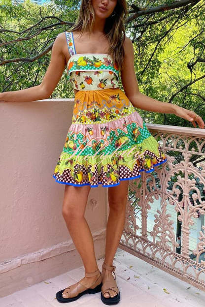 Sweet and Sour Summer Multicolor Lemon Print Pleated Hem Mini Dress-tidenox