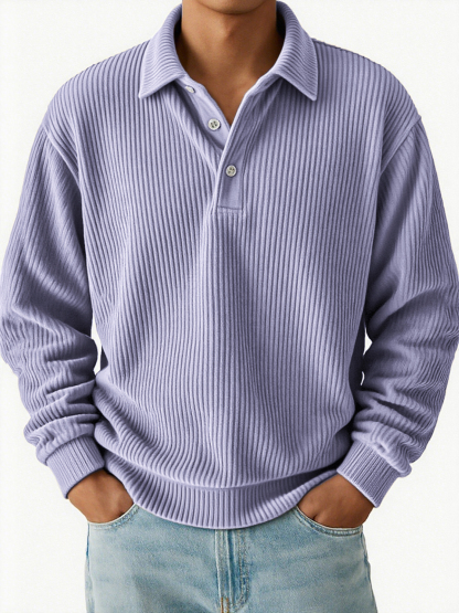  Men's Vintage Corduroy Pit Striped Casual Long Sleeve Polo Shirt-tidenox