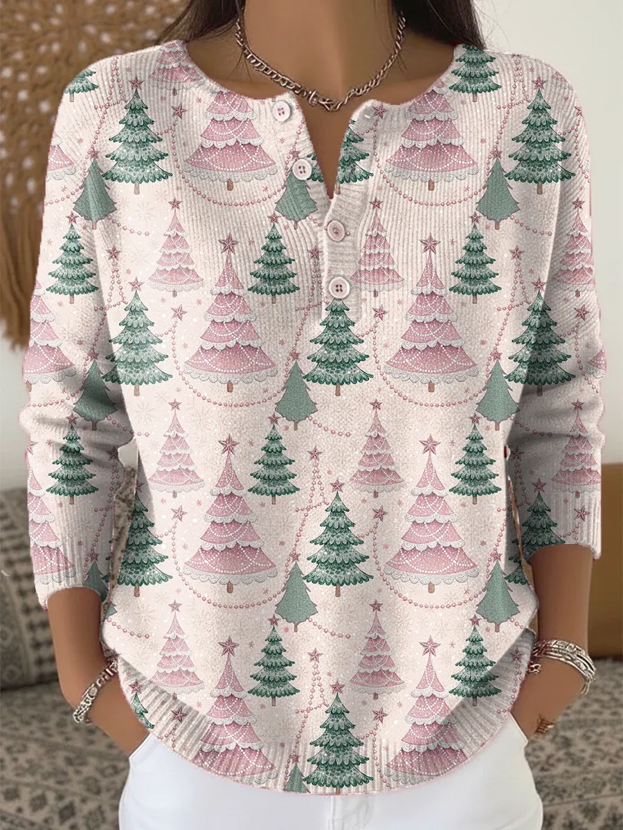 [Copy]Women's Christmas Tree Art Print Buttoned Cardigan Sweater