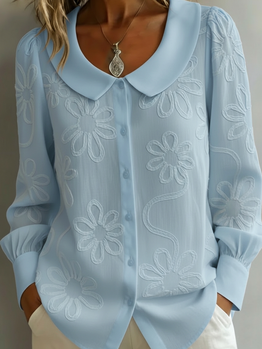 Elegant Peter Pan Collar Embroidered Floral Shirt