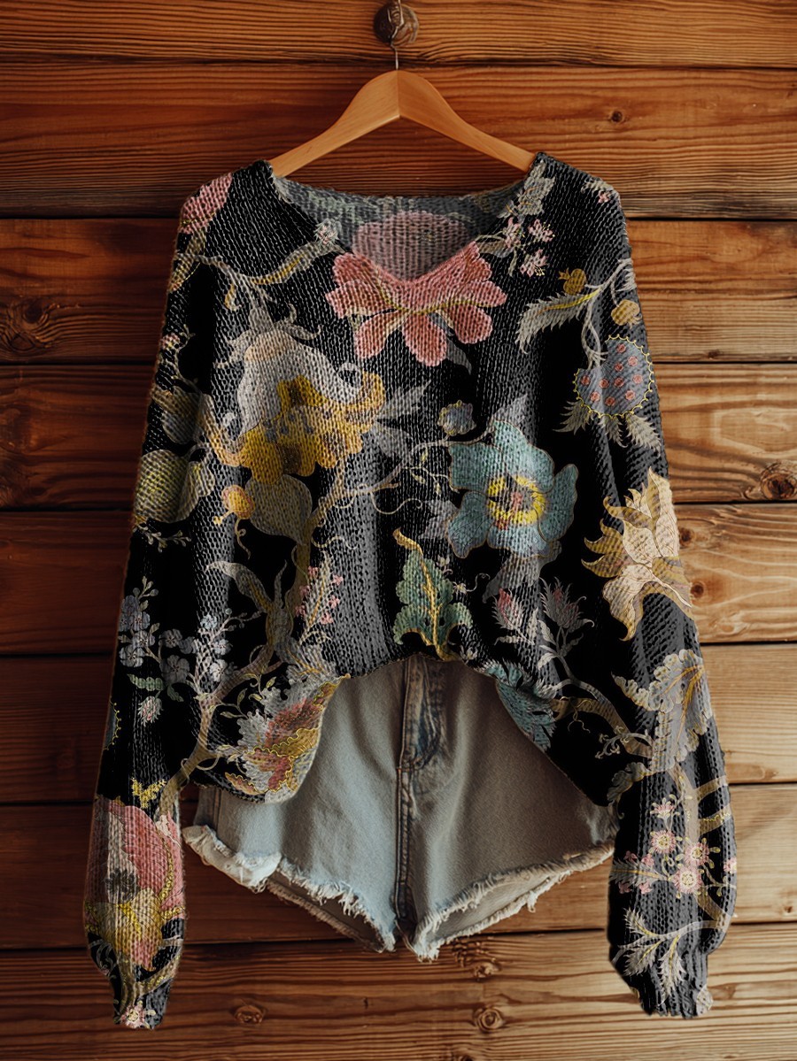 Women's Retro Ethnic Flowers Art Casual Pullover Sweater-tidenox