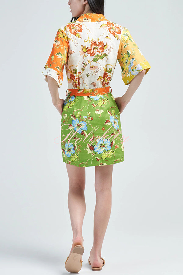 Kienna Linen Blend Unique Floral Print Tie-waist Mini Dress-tidenox