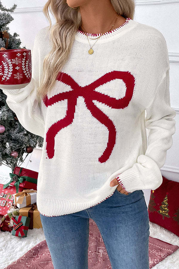 Christmas Contrasting Color Big Bow Round Neck Long Sleeve Loose Knitted Sweater