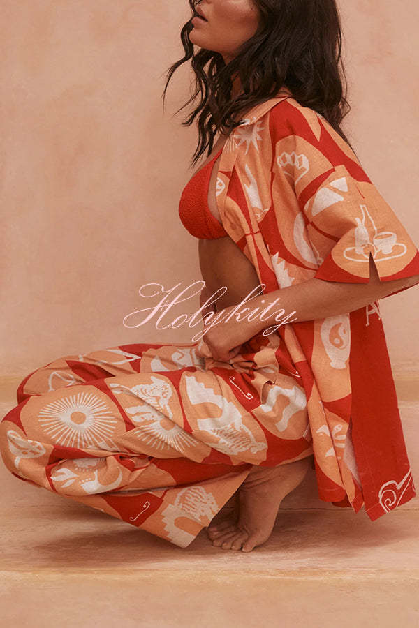 Linen Blend Unique Printed Short-sleeved Shirt and Elastic Waisted Baggy Pants Set-tidenox