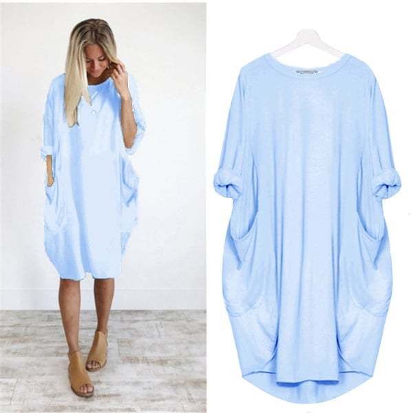 💝17 Colors Women Casual Loose Pocket Long Sleeves Dress-tidenox