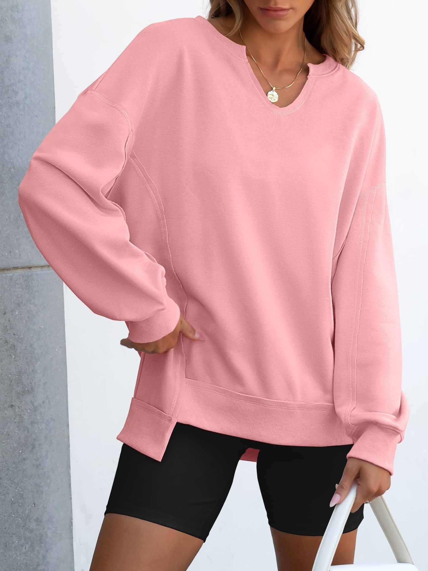 Womens Oversized Sweatshirt V Neck Long Sleeve Tunic Lightweight Pullover-tidenox