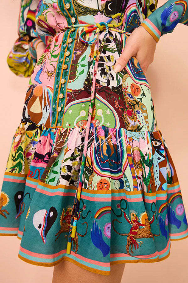 Touch of Luxury Unique Print Balloon Sleeve Button Shirt Mini Dress-tidenox