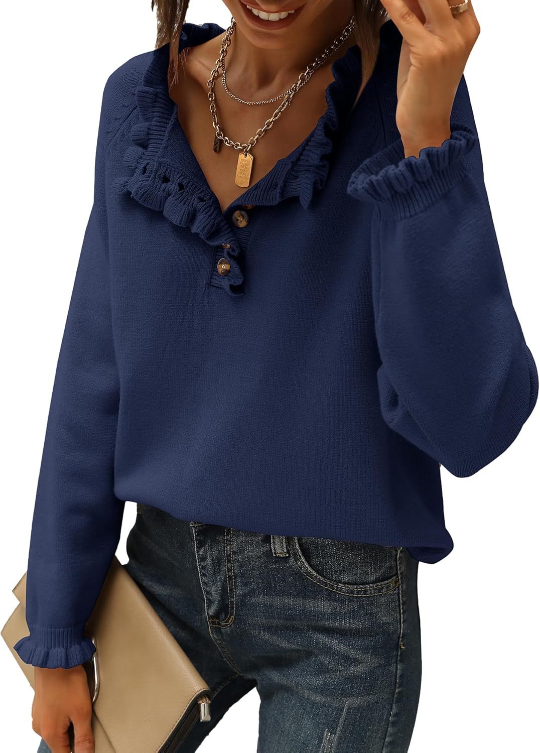 CLEARANCE SALE🔥Ruffle Trim Casual Knit Pullover Tops﻿(Buy 2 Free Shipping)-tidenox
