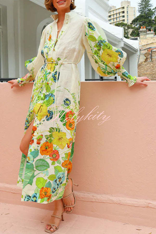Summer Party Floral Print Balloon Sleeve Pocketed Belt Shirt Midi Dress-tidenox
