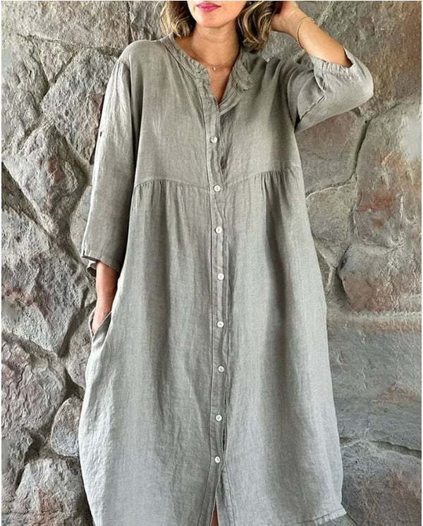 Cotton And Linen Loose Shirt Dress-tidenox