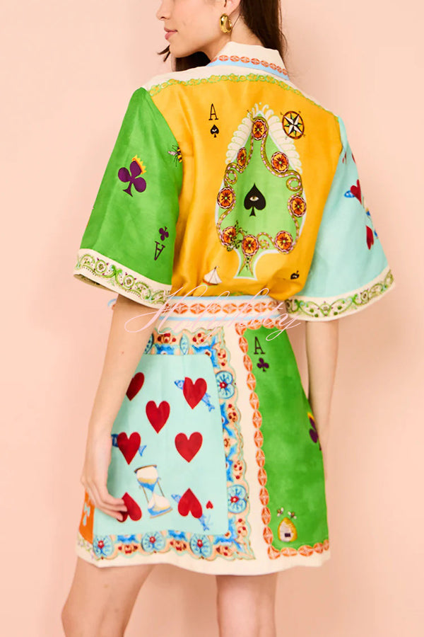 Linen Blend Unique Printed Short Sleeved Pocket Tie Waist Mini Dress(One Size Up)-tidenox