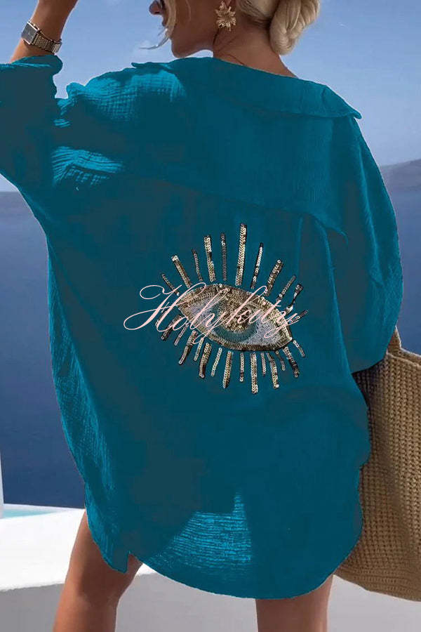 Summer Breeze Linen Blend Sequin Magic Eye Desig Oversized Relax Shirt-tidenox