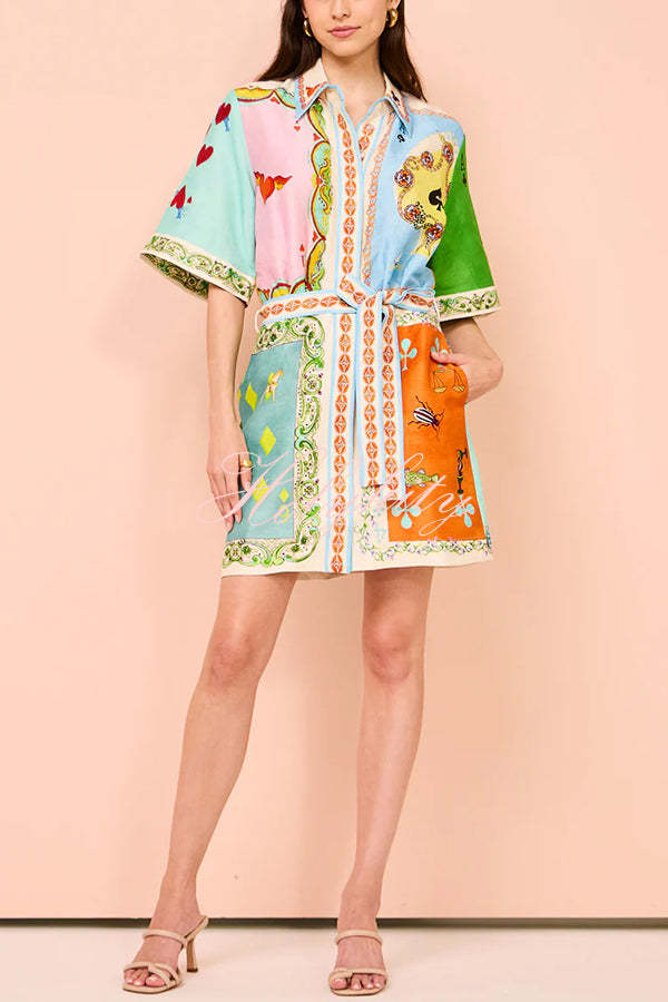 Linen Blend Unique Printed Short Sleeved Pocket Tie Waist Mini Dress(One Size Up)-tidenox