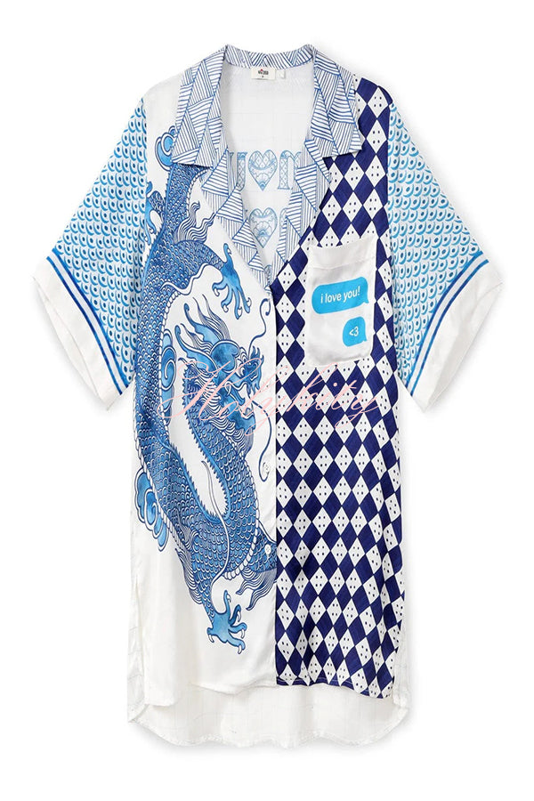 Unique Dragon Print Short Sleeve Loose Shirt and Elastic Waist Pocket Pants Silk Satin Set-tidenox