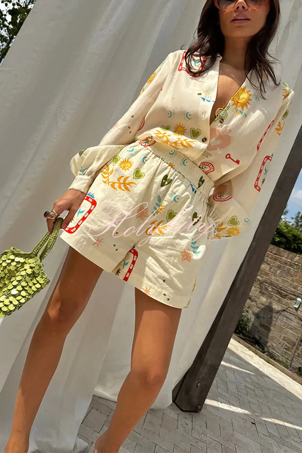 Funny Vacation Unique Printed Long Sleeve Shirt and Elastic Waist Pocket Loose Shorts Set-tidenox