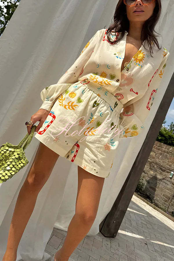 Funny Vacation Unique Printed Long Sleeve Shirt and Elastic Waist Pocket Loose Shorts Set-tidenox