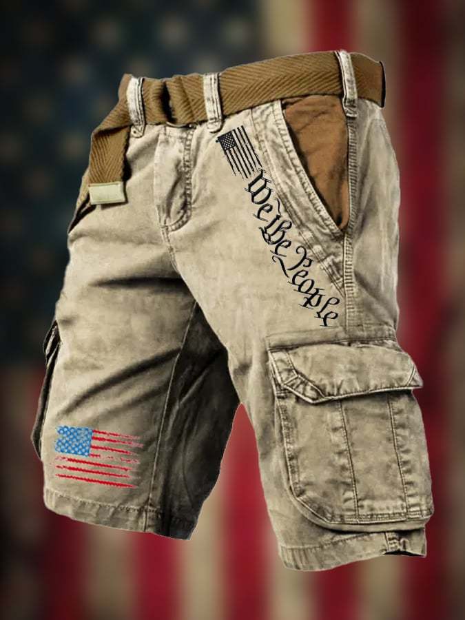 Men's Vintage Flag Independence Day Multi-Pocket Print Cargo Shorts