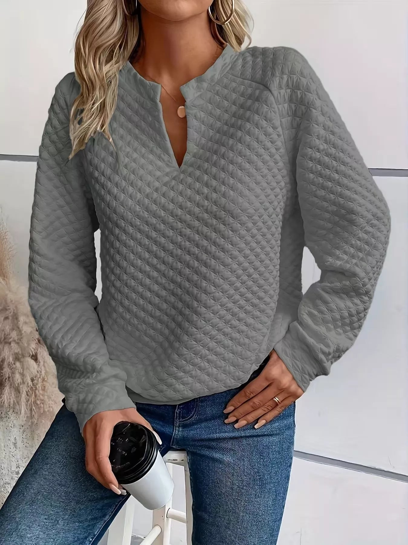 Textured Notched Raglan Sleeve Sweatshirt-tidenox