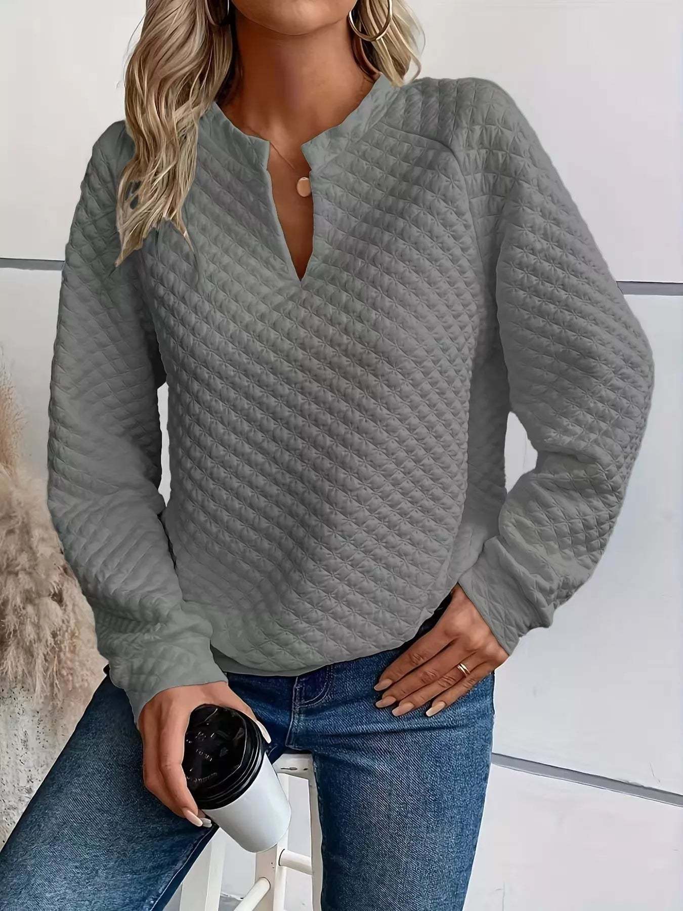 Textured Notched Raglan Sleeve Sweatshirt-tidenox