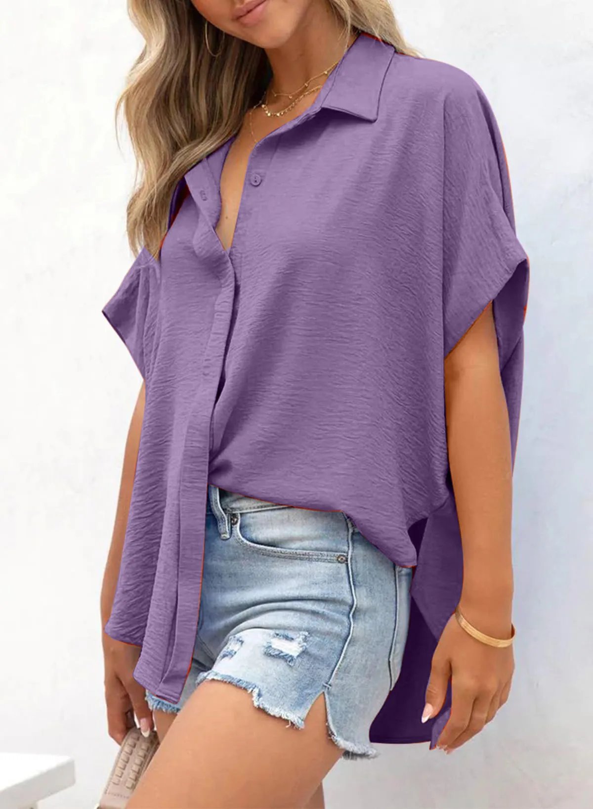 🧥Women's Casual Button Short Sleeve Slit Hem Shirt Solid Color Tops-tidenox