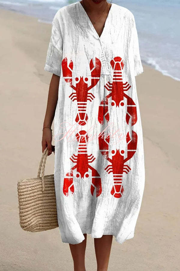 Unique Marine Print V-neck Short-sleeved Midi Dress-tidenox